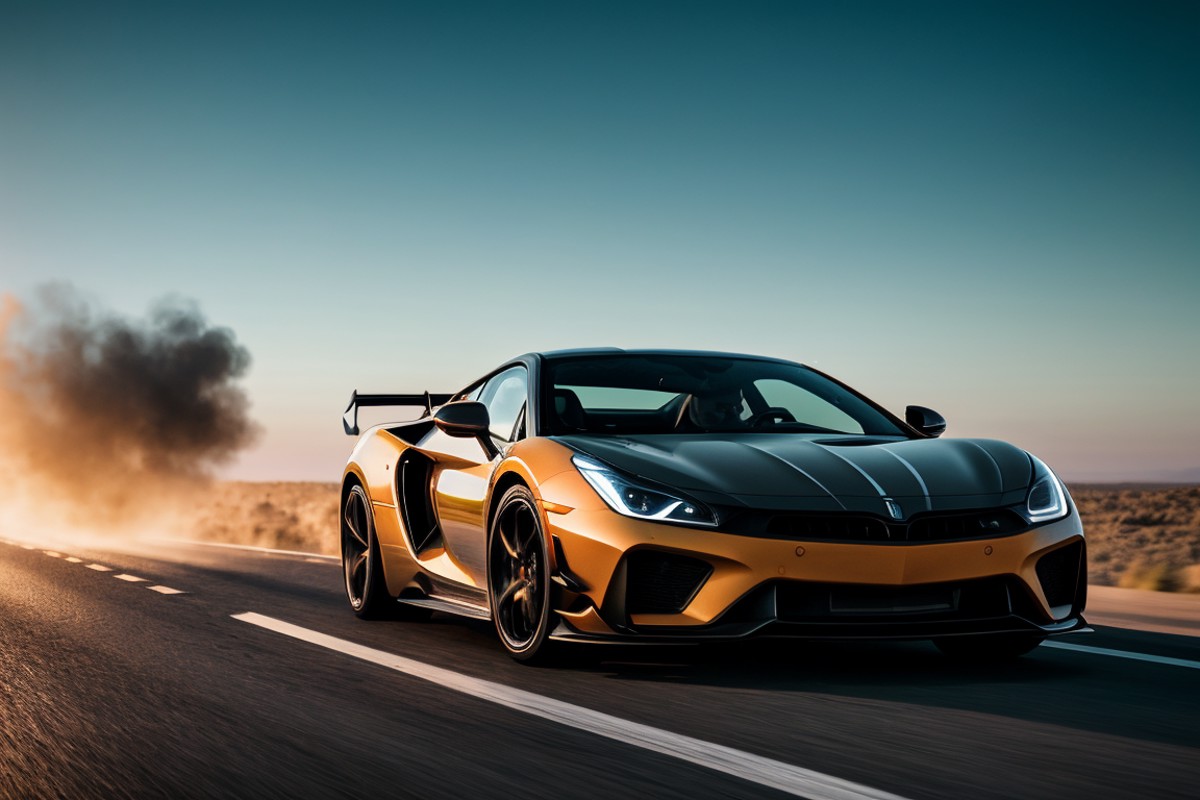 photo of a supercar, 8k uhd, high quality, road, sunset, motion blur, depth blur, cinematic, filmic image 4k, 8k with [Geo...